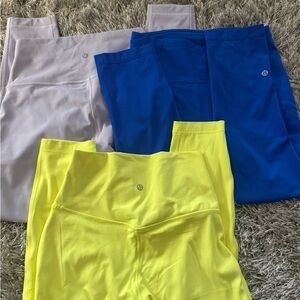 lululemon Leggings in Blue, Highlighter Yellow, and Lavender